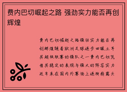 费内巴切崛起之路 强劲实力能否再创辉煌