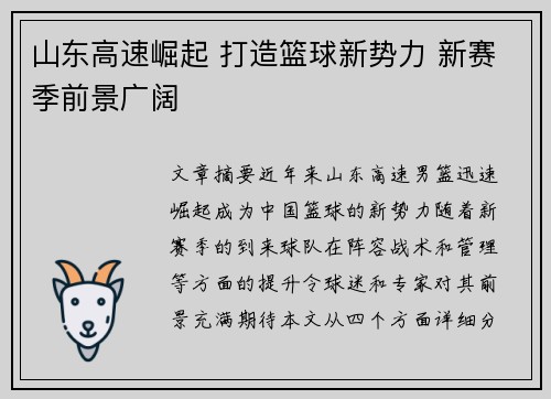 山东高速崛起 打造篮球新势力 新赛季前景广阔